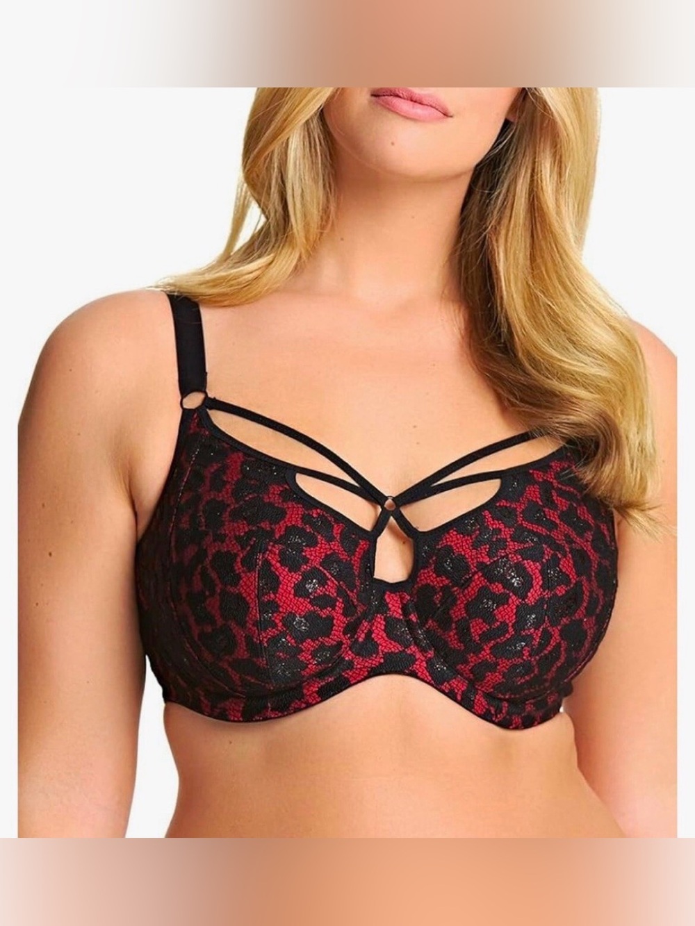 Elomi Nicole Underwire Plunge Cage Bra Size 36L Red Black Lace